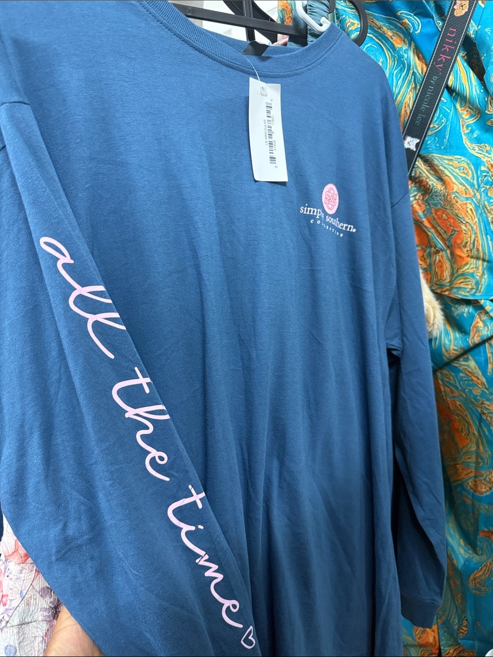 Simply Southern Blue Long Sleeve Tee with Pink Script